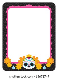 Sugar skull from Day of the Death. Cool Vector Style Frame.