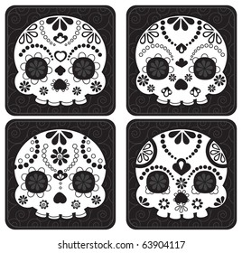 Sugar skull from Day of the Death. Cool Vector Style. Black & White Stamps.