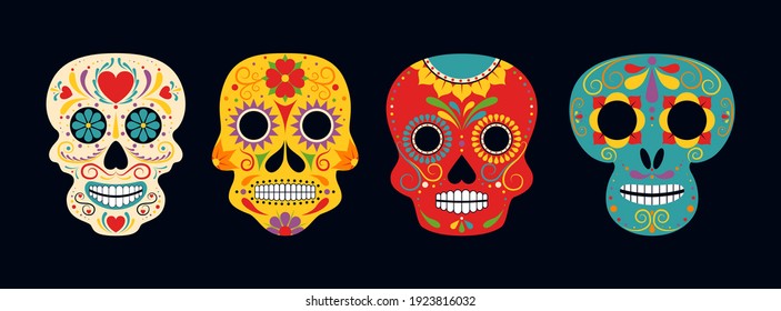 Sugar Skull Day of the Death Traditional vector crafted decorations. Mexican traditional religious holiday or Day of Dead.