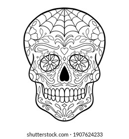 sugar skull, day of death vector illustration. Sugar skull with flower. Coloring page