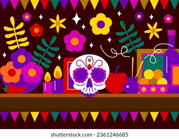 Sugar skull. Dead skull head decoration vector illustration. Day of the Dead. Halloween. Dia De Los Muertos Celebration Background with candles, flowers, skull