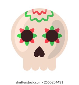 Sugar skull decorated with ornaments to celebrate Day of Dead. Element of Hispanic holiday Cinco De Mayo. Mexican holiday icon. Simple cartoon vector element isolated on white background