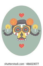 Sugar skull with decorations in mexican style. Vector drawing of sugar skull for day of dead or halloween.