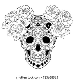 Sugar skull with decorative pattern and a wreath of red roses.