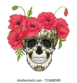 Sugar skull with decorative pattern and a wreath of red poppies.