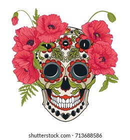 Sugar skull with decorative pattern and a wreath of red poppies.