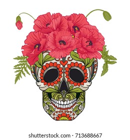 Sugar skull with decorative pattern and a wreath of red poppies.