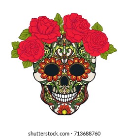 Sugar skull with decorative pattern and a wreath of red roses.