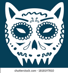 Sugar skull demonic cat. White ornate bone head for Halloween or Mexican celebration Dia de Muertos on dark background. Traditional culture Day of the Dead spooky mask. Cartoon skeleton flat vector il