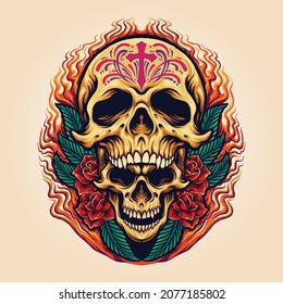 .Sugar Skull Dia De Los Muertos Mexican Tattoo Vector illustrations for your work Logo, mascot merchandise t-shirt, stickers and Label designs, poster, greeting cards advertising business company