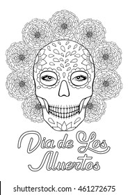 Sugar skull . Dia de los muertos lettering.  A4 printable coloring book page.