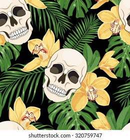 Sugar Skull with exotic flowers vector seamless pattern