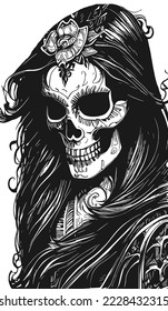 sugar skull female drawing hand drawn vector black and white clip art

