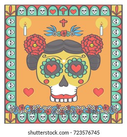 Sugar skull female head framed with religious ornaments and flowers in Mexican Halloween style, colorful vector illustration