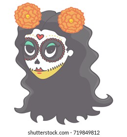 Sugar skull female head with long hair and flowers in Day of the Dead style, cute vector drawing isolated on white background