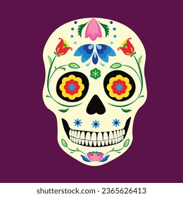 Sugar Skull flat vector in cartoon style. Day of the Dead concept. Dia De Los Muertos