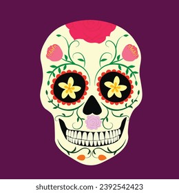 Vector plano de la cráneo azucarera al estilo de la caricatura. Concepto del Día de los Muertos. Dia De Los Muertos. Cultura tradicional mexicana.