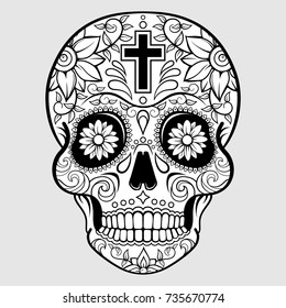 Sugar Skull With Floral Design And Cross. Day Of The Dead.  Vector Illustration.