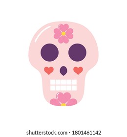 sugar skull with floral design over white background, flat style, vector illustration