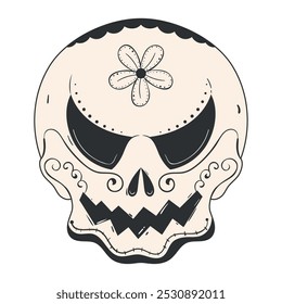 Sugar skull with floral designs, intricate black and white, Vector