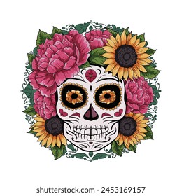 Sugar skull floral makeup with peonies and sunflowers vector illustration