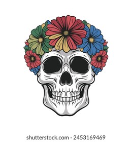 Sugar skull floral makeup with peonies and sunflowers vector illustration