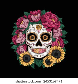 Sugar skull floral makeup with peonies and sunflowers vector illustration