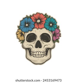 Sugar skull floral makeup with peonies and sunflowers vector illustration