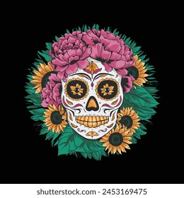 Sugar skull floral makeup with peonies and sunflowers vector illustration