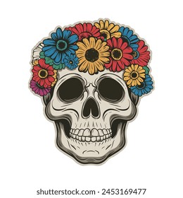 Sugar skull floral makeup with peonies and sunflowers vector illustration