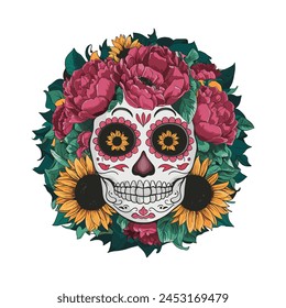 Sugar skull floral makeup with peonies and sunflowers vector illustration