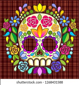 Sugar Skull Floral Naif Art Mexican Calaveras Vector Illustration