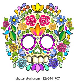 Sugar Skull Floral Naif Art Mexican Calaveras isolated Vector Illustration