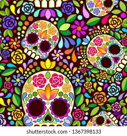 Sugar Skull Floral Naif Art Mexican Calaveras Vector Seamless Pattern Design
