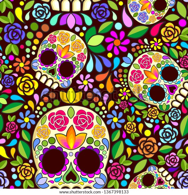 シュガースカル花柄ナイフアートメキシコカラベラスベクターシームレスパターンデザイン のベクター画像素材 ロイヤリティフリー