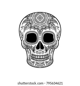 Sugar skull with floral ornament, Dia de Muertos black and white vector Illustration