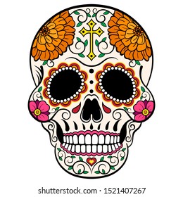 Sugar skull with floral ornament and orange peonies. Day of the Dead card. Vector illustration.