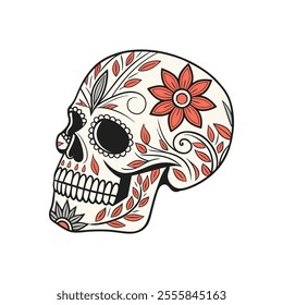 Sugar skull with floral pattern. Design for the holiday day of the dead. Outline illustration.