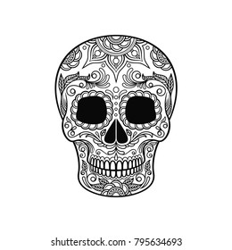 Sugar skull with floral pattern, Dia de Muertos black and white vector Illustration