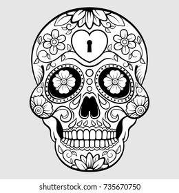 Sugar skull with floral pattern and heart. Day Of The Dead. Vector illustration.