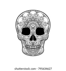 Sugar skull with floral pattern, Mexican day of the dead black and white vector Illustration