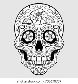 Sugar skull with floral pattern and a rose. Day Of The Dead. Vector illustration.