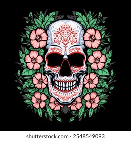 sugar skull with flower and leaves