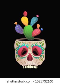 Sugar Skull Flower pot decorated hand drawn design isolated on black. Spooky print for Mexican holiday day of the dead or halloween. Dia de los Muertos fun sugar skull design with cacti.