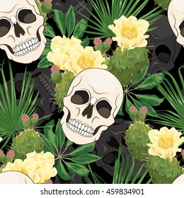 Sugar Skull with flowering prickly pear and tropical leaves. Vector seamless pattern on black background.