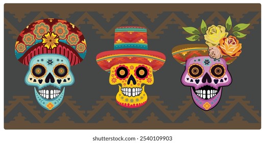 Calavera de azúcar con flores y colores. Festival de música tradicional en México. Concepto del Día de los Muertos. Ilustración vectorial plana.