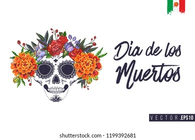 Sugar skull with flowers for Day of the Dead Halloween celebration. Traditional Mexican autumn festival. Invitation flyer template with text: dia de los muertos - day of the dead.