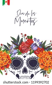 Sugar skull with flowers for Day of the Dead Halloween celebration. Traditional Mexican autumn festival. Invitation flyer template with text: dia de los muertos - day of the dead.