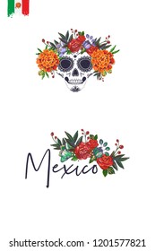 Sugar skull with flowers for Day of the Dead Halloween celebration. Traditional Mexican autumn festival. Invitation flyer template with text: mexico. Greeting card with white background.