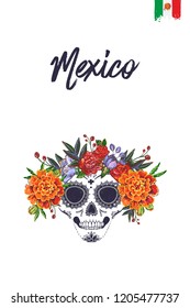 Sugar skull with flowers for Day of the Dead Halloween celebration. Traditional Mexican autumn festival. Invitation flyer template with text: mexico. Greeting card with white background.